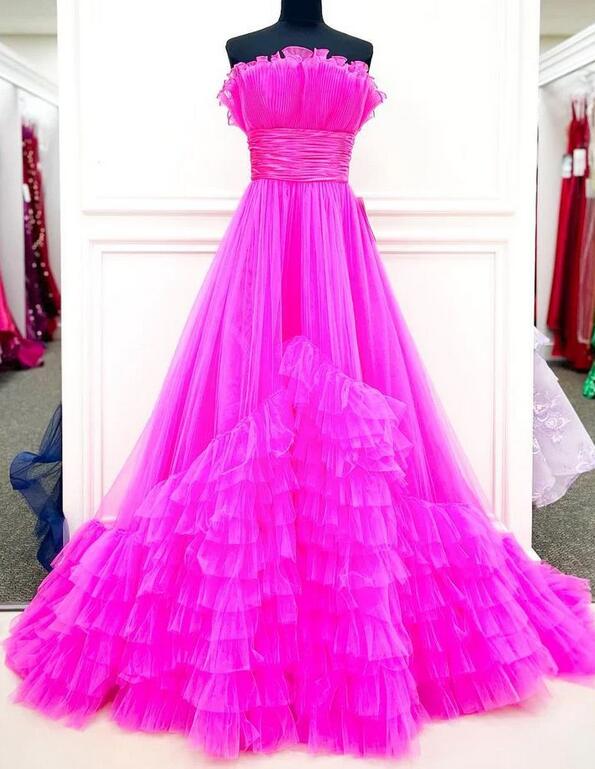 Strapless Red Long Prom Dress with Ruffle Tiered Neck and Ruffle Skirt
