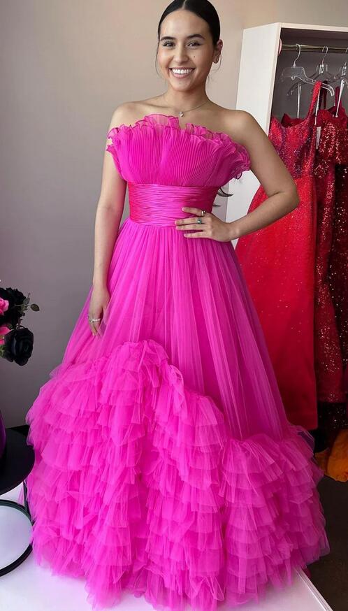 Strapless Red Long Prom Dress with Ruffle Tiered Neck and Ruffle Skirt
