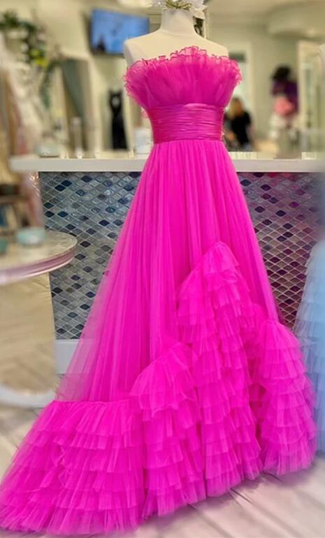 Strapless Red Long Prom Dress with Ruffle Tiered Neck and Ruffle Skirt