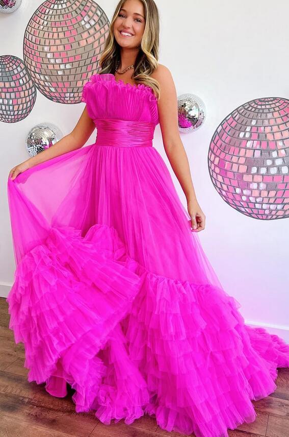 Strapless Red Long Prom Dress with Ruffle Tiered Neck and Ruffle Skirt