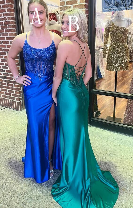 Straps Satin Mermaid Long Prom Dress with Beading Bodice