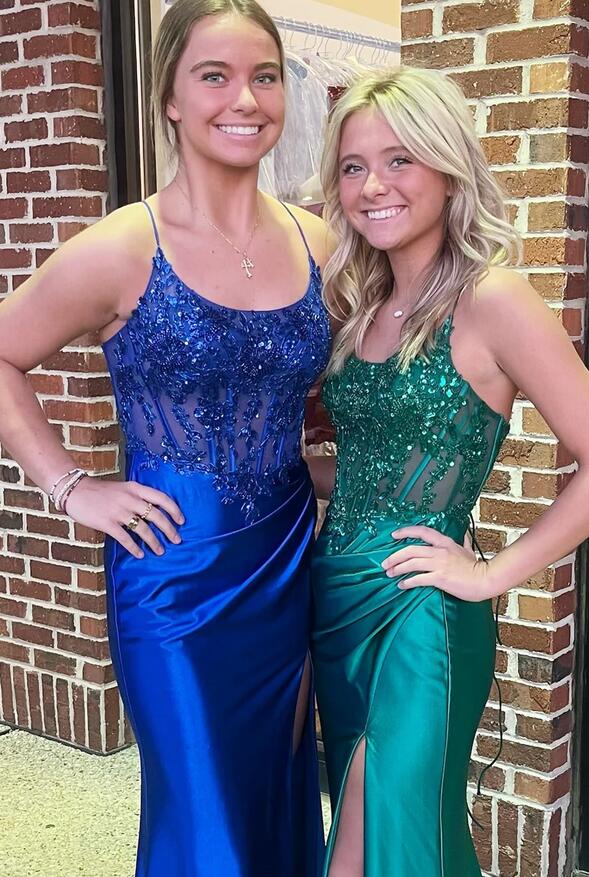 Straps Satin Mermaid Long Prom Dress with Beading Bodice