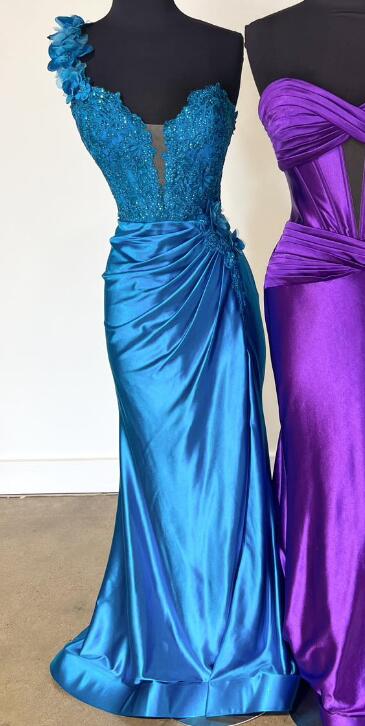 One Shoulder Satin Mermaid Long Prom Dress with Lace Top
