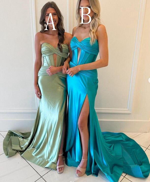 Strapless Satin Mermaid Long Prom Dress with Slit