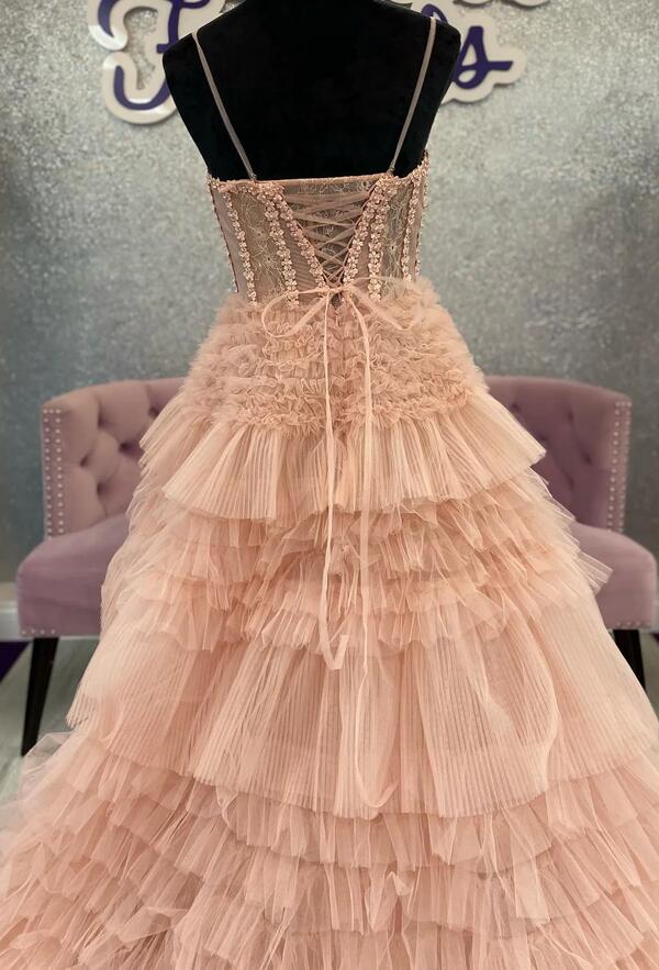 Straps Tulle Ball Gown Long Prom Dress with Ruffle Skirt