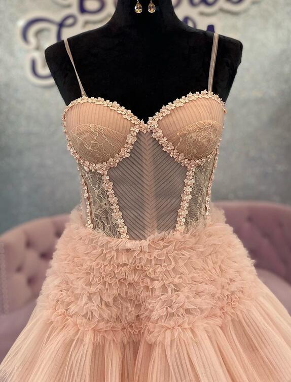 Straps Tulle Ball Gown Long Prom Dress with Ruffle Skirt