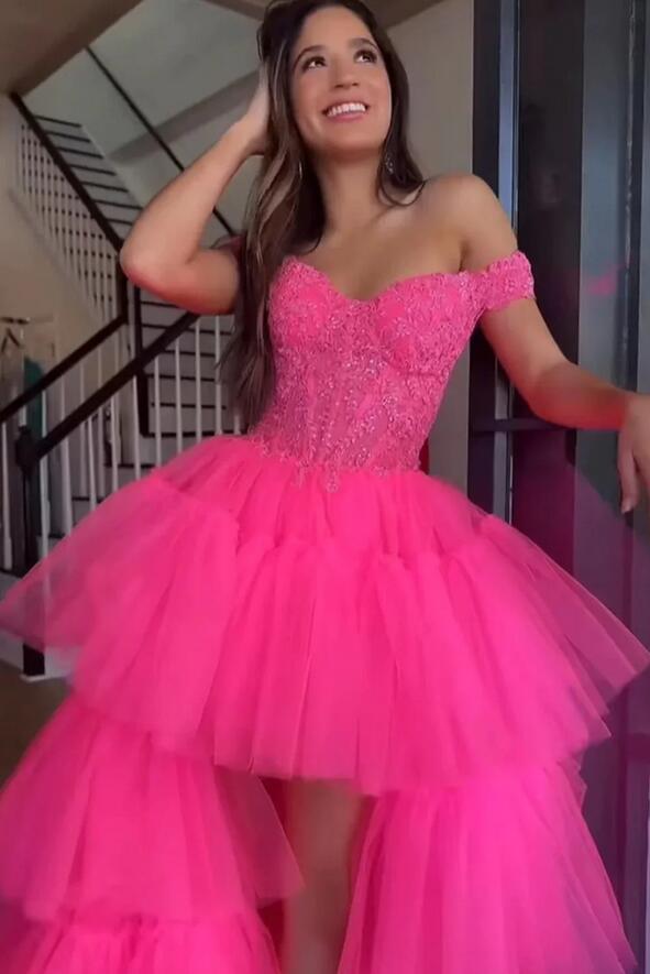 Off the Shoulder Tulle High-low Long Prom Dress with Lace Bodice
