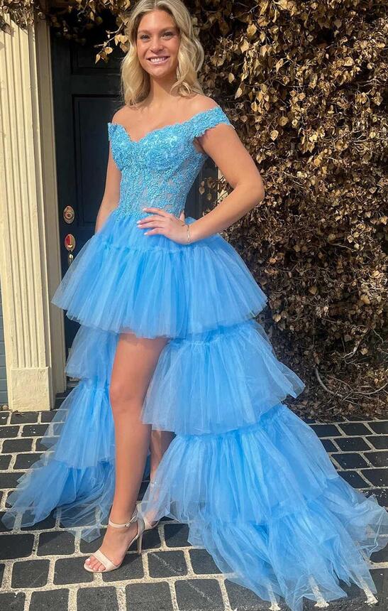 Off the Shoulder Tulle High-low Long Prom Dress with Lace Bodice