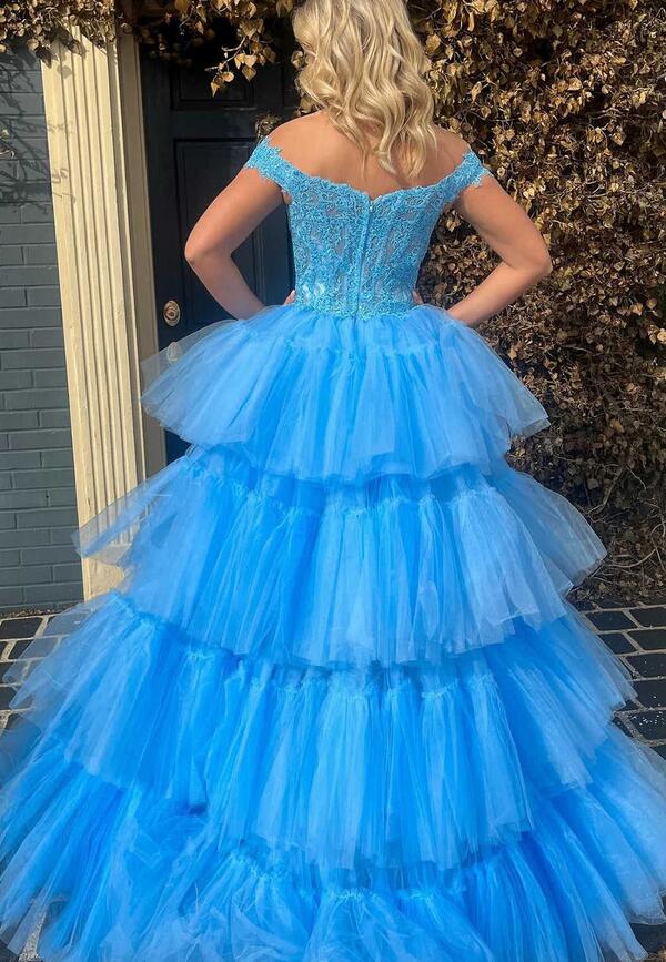 Off the Shoulder Tulle High-low Long Prom Dress with Lace Bodice
