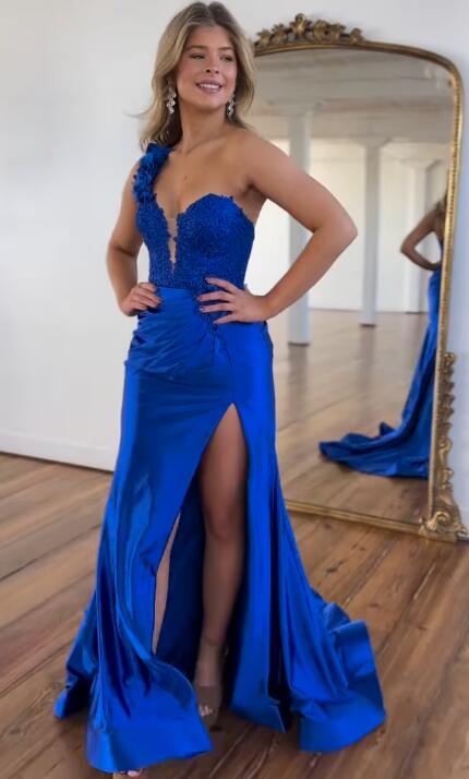 One Shoulder Satin Mermaid Long Prom Dress with Lace Top