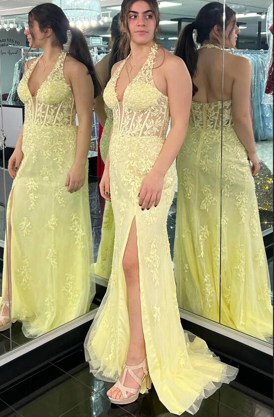 Halter Neck Leaf Lace Mermaid Long Prom Dresses