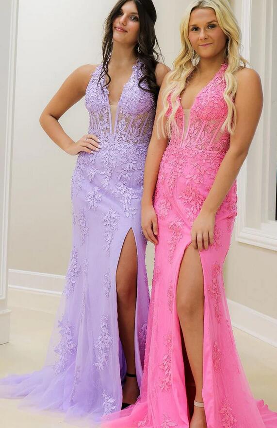 Halter Neck Leaf Lace Mermaid Long Prom Dresses