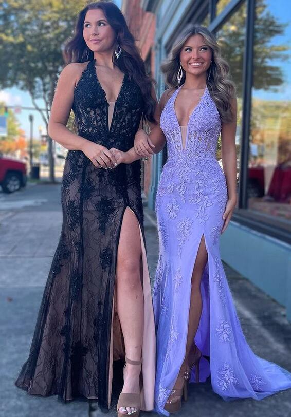Halter Neck Leaf Lace Mermaid Long Prom Dresses