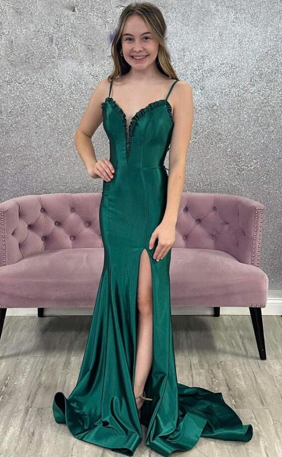 Satin Long Prom Dress with Ruffle Embellishment and Skirt Slit