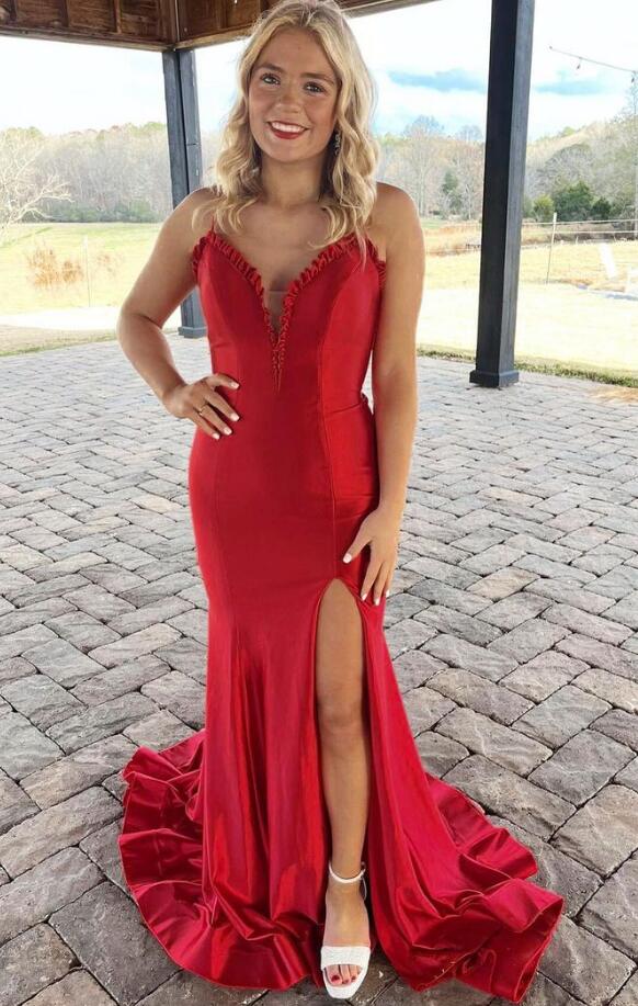 Satin Long Prom Dress with Ruffle Embellishment and Skirt Slit