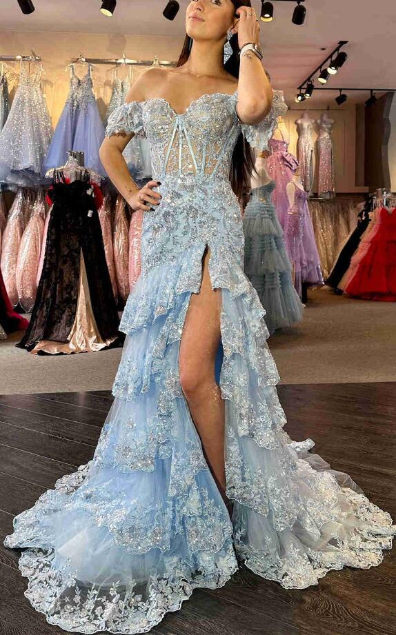 Red Tulle Sequin Mermaid Prom Dress with Sheer Corset Bodice and Ruffle Skirt