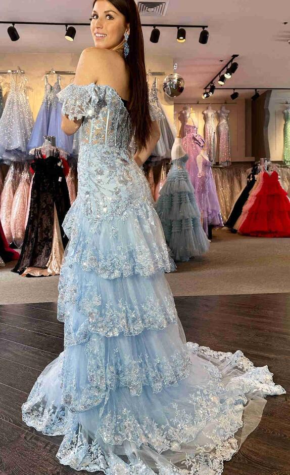 Red Tulle Sequin Mermaid Prom Dress with Sheer Corset Bodice and Ruffle Skirt