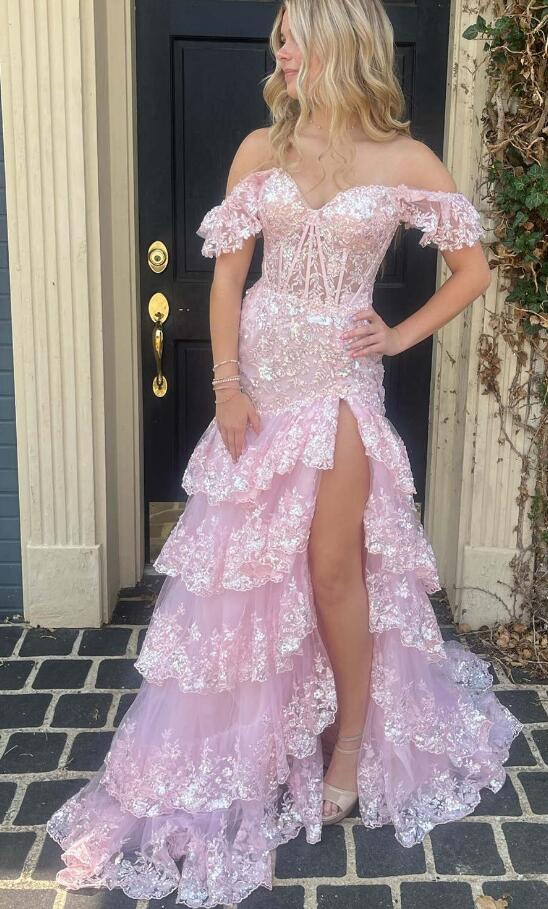 Red Tulle Sequin Mermaid Prom Dress with Sheer Corset Bodice and Ruffle Skirt