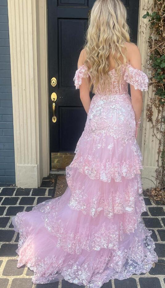 Red Tulle Sequin Mermaid Prom Dress with Sheer Corset Bodice and Ruffle Skirt