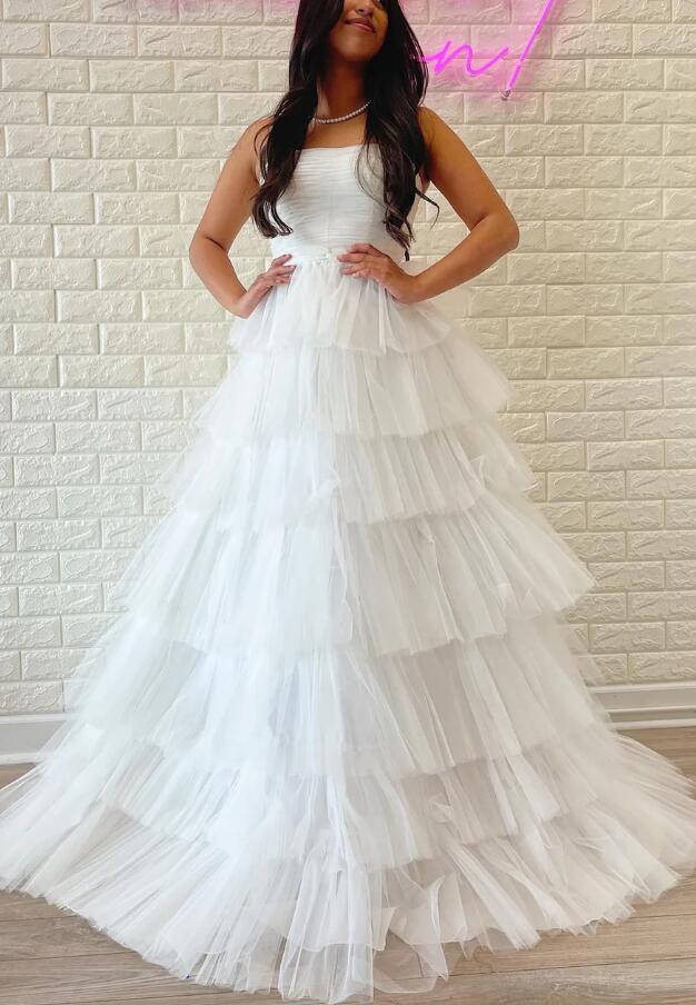 Strapless Ball Gown Tulle Prom Dresses Long with Ruffle Skirt