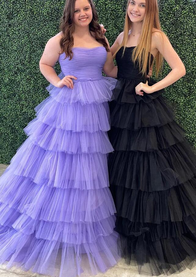 Strapless Ball Gown Tulle Prom Dresses Long with Ruffle Skirt