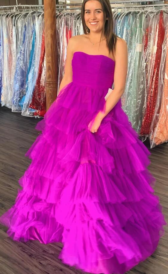 Strapless Ball Gown Tulle Prom Dresses Long with Ruffle Skirt