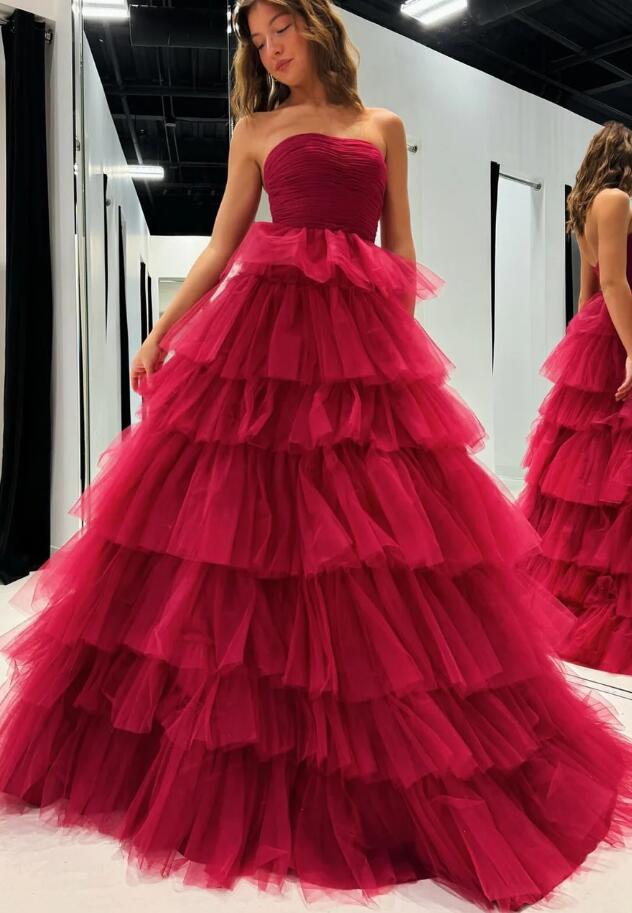 Strapless Ball Gown Tulle Prom Dresses Long with Ruffle Skirt