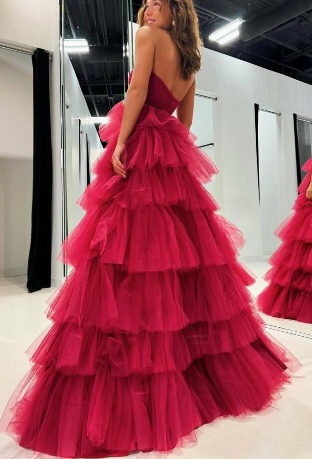 Strapless Ball Gown Tulle Prom Dresses Long with Ruffle Skirt