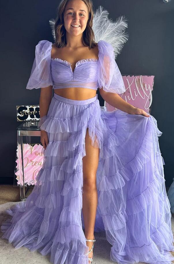 Two Pieces Long Prom Dress with Balloon Sleeves and Ruffle Skirt