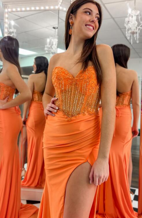 Strapless Sexy Fitted Long Prom Dress with Beaded Top