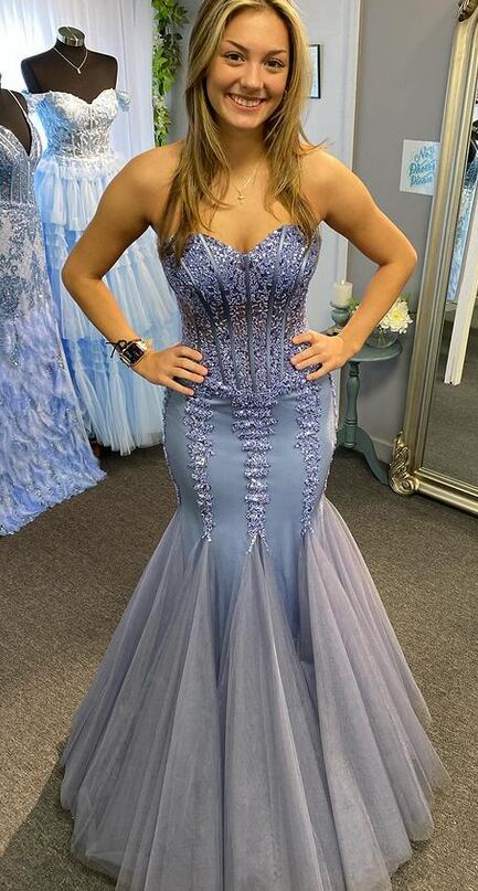 Strapless Mermaid Tulle Long Prom Dress with Beading