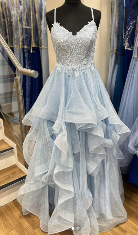 Straps V-neck Ball Gown Long Prom Dress with Lace Bodice