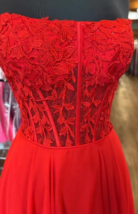 Strapless Chiffon Long Prom Dress with Leaf Lace Bodice