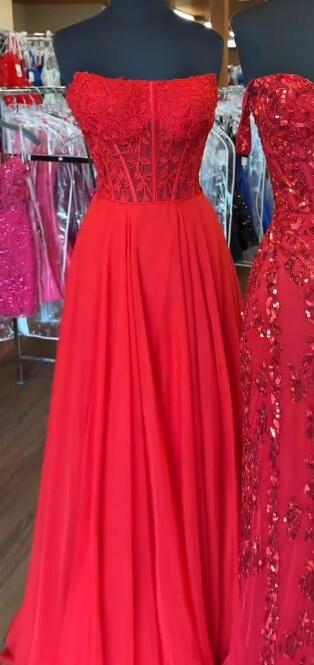 Strapless Chiffon Long Prom Dress with Leaf Lace Bodice