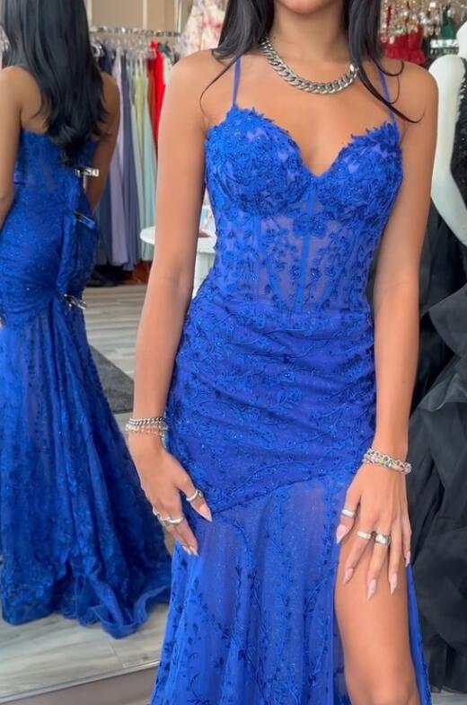 Straps Royal Blue Lace Mermaid Long Prom Dress