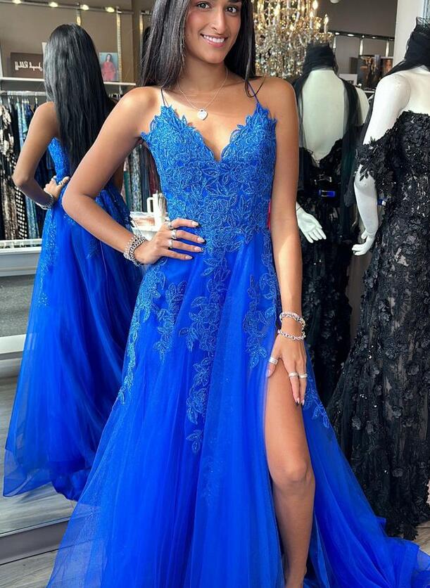 Royal Blue Tulle/Lace Long Prom Dress with Slit Royal Blue Tulle/Lace Long Prom Dress with Slit