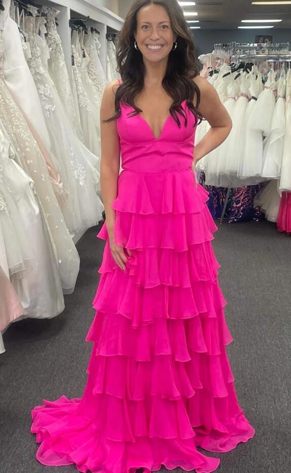 Ruffle Chiffon A-Line Long Prom Dress with Skirt Slit