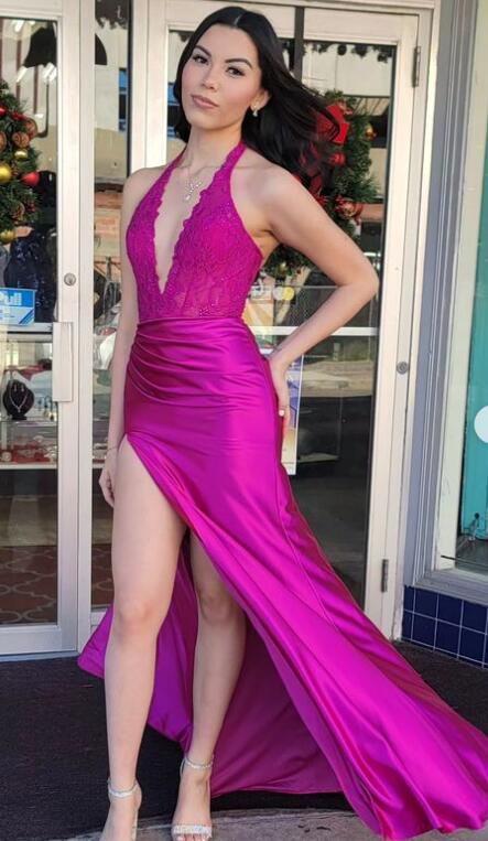 Halter Fitted Long Prom Dress with Lace Bodice and Skirt Slit