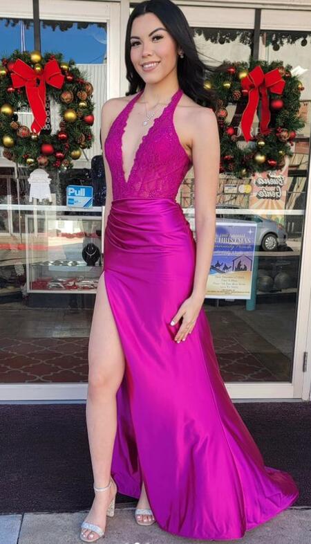 Halter Fitted Long Prom Dress with Lace Bodice and Skirt Slit