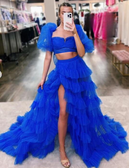 Two Pieces Long Prom Dress with Balloon Sleeves and Ruffle Skirt