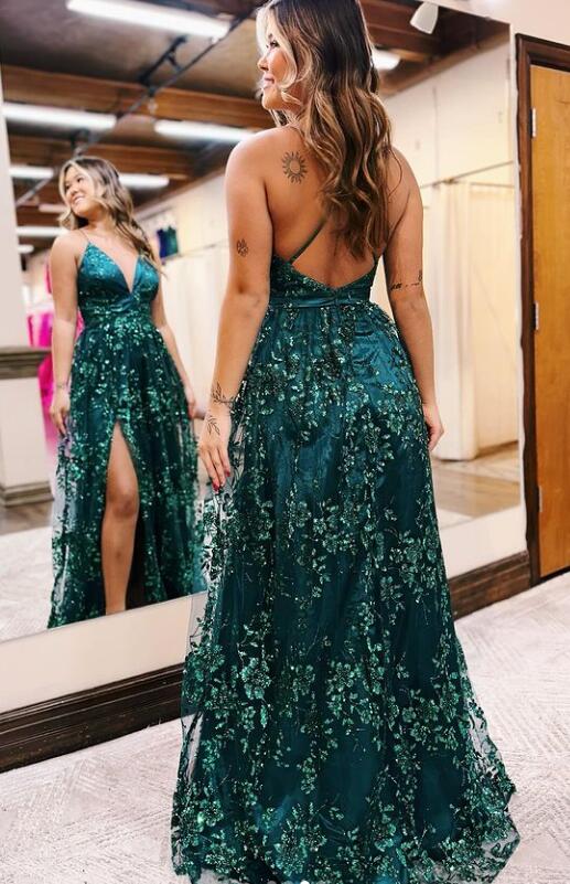 Straps Sparkly Lace Long Prom Dress with Slit