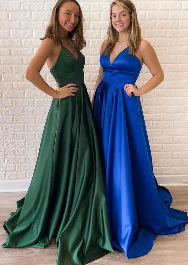 Straps V-neck Satin Long Prom Dress with Slit