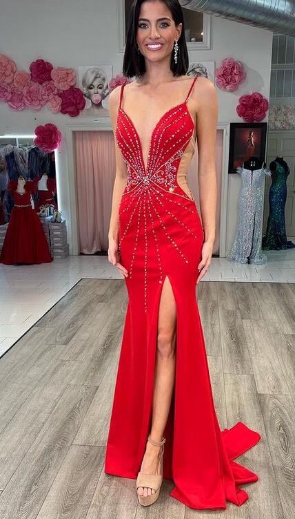 Straps Mermaid Long Prom Dress with Beading