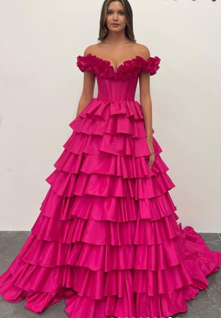 Taffeta Ruffle Off the Shoulder Ball Gown Long Prom Dress