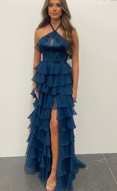 Halter Ruffle Tiered Prom Dress with Slit