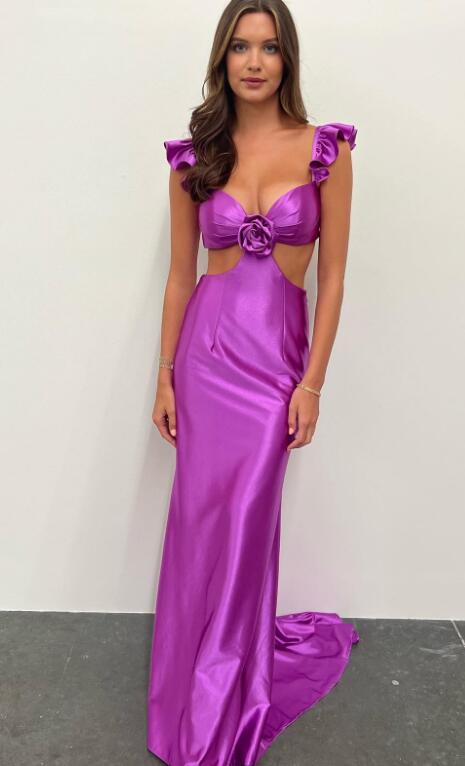 Ruffle Straps Fuchsia Rosette Side Cutouts Prom Dress