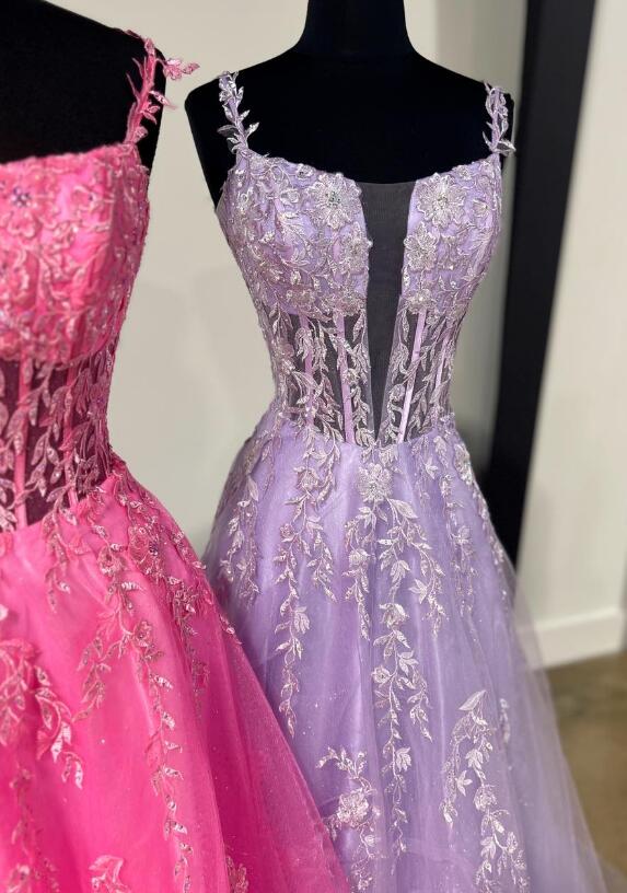 Tulle/Lace Long Prom Dress with Sheer Corset Bodice