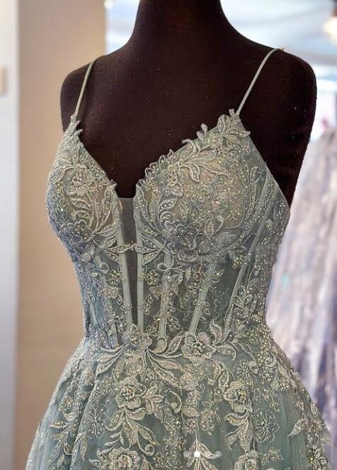 Straps Sparkly Tulle/Lace Long Prom Dress with Slit