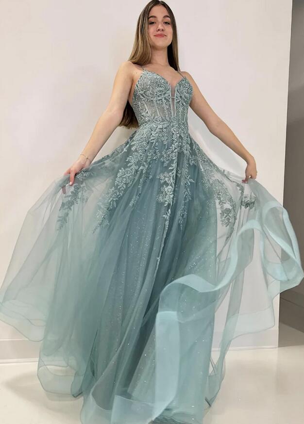 Straps Sparkly Tulle/Lace Long Prom Dress with Slit