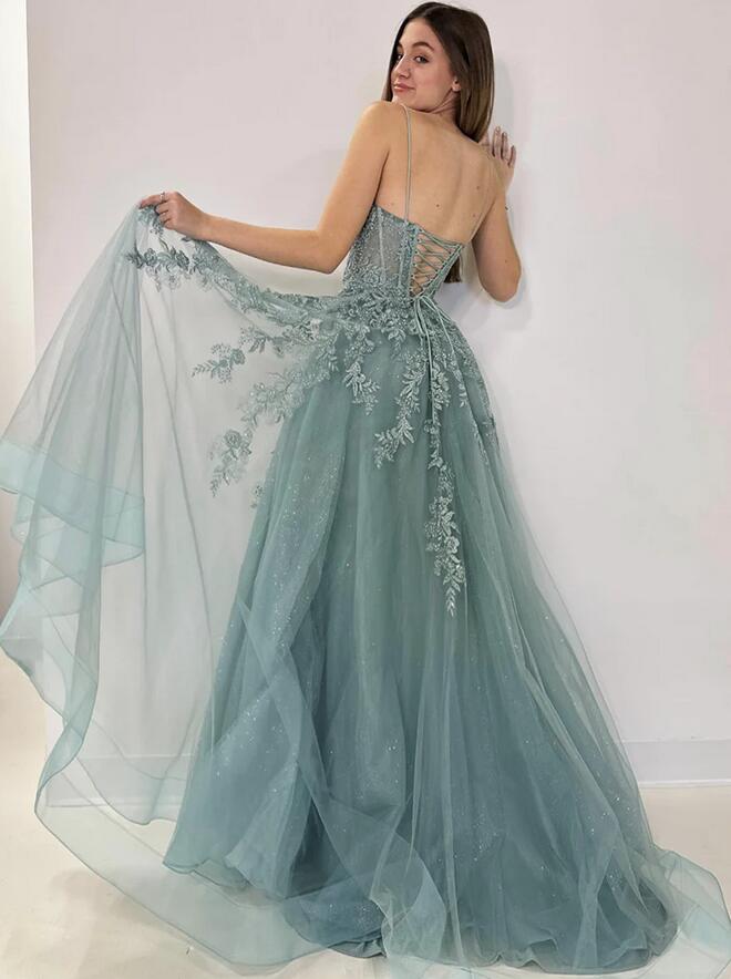 Straps Sparkly Tulle/Lace Long Prom Dress with Slit